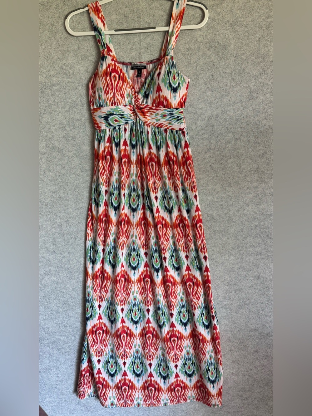 Allison Brittney Multicolor Ikat Maxi Halter Dress in Orange, Teal and Cream